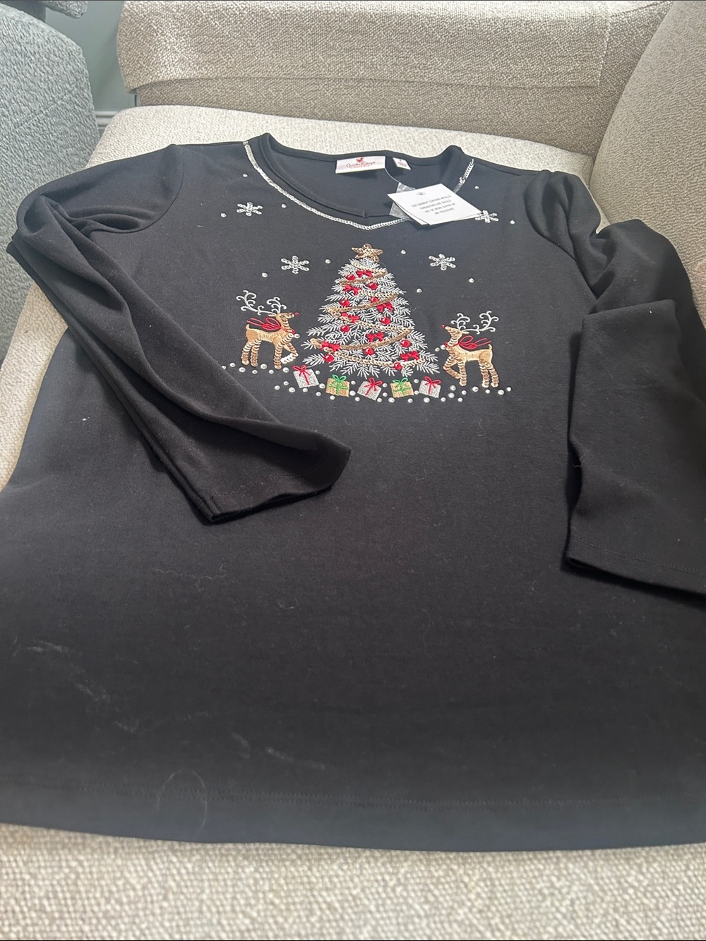Quacker Factory Black Holiday Tree & Reindeer Embellished Top
